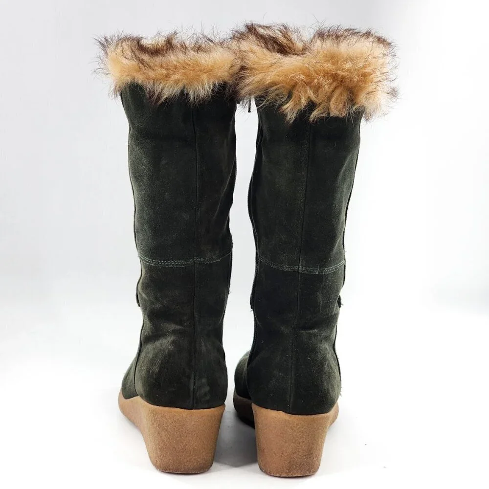 MAXIME‎ Vintage Dark Green Suede Wedge Winter Mid-Calf Boots Fur Trim